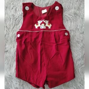 Vintage MCM Baby Velvet One Piece Overalls Red White Embroidered Elephant 18 M